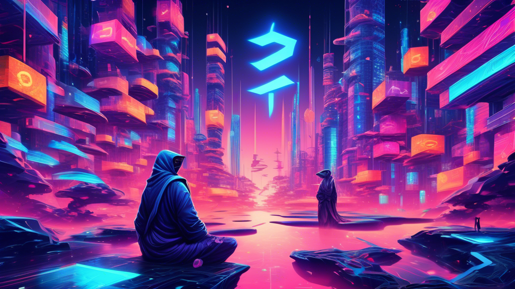 Digital artwork depicting the merging of VeChain and Sei Network technologies into a seamless ecosystem, encompassing blockchain infrastructure and futuristic financial landscapes.