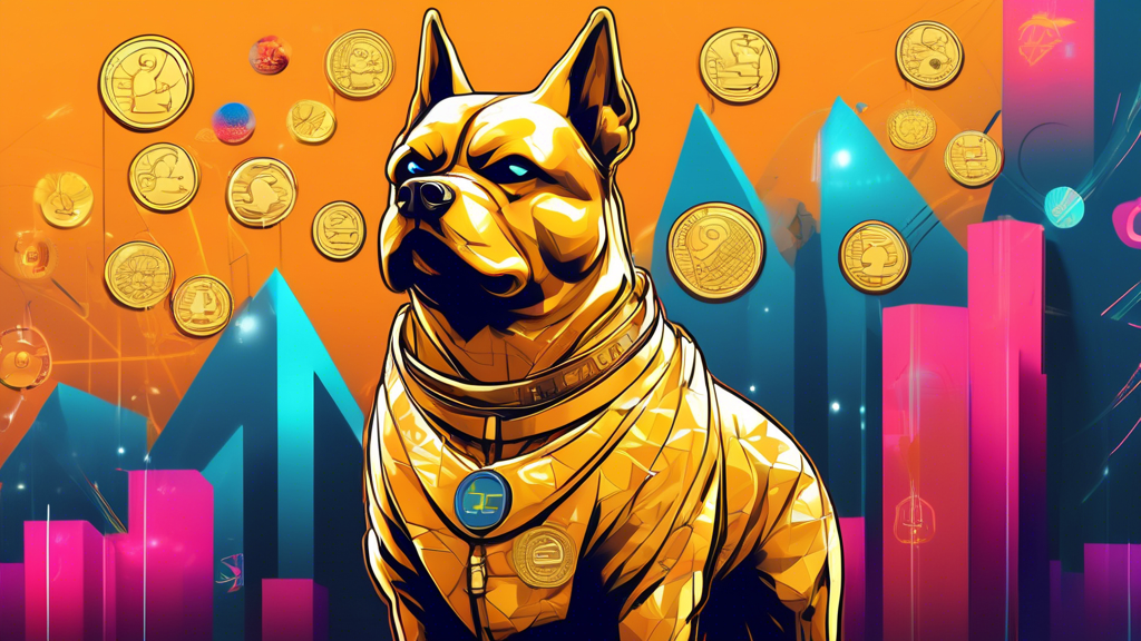 An anthropomorphic golden coin with the face of a dog, wearing a businessman's suit, standing on a digital graph that shows fluctuating market values, surrounded by floating digital icons of various o