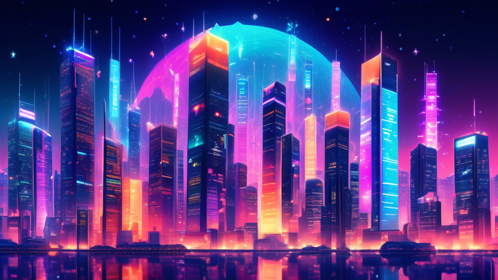 A futuristic cityscape with illuminated, digital skyscrapers each labeled with logos of the top fastest growing blockchains of 2023, under a starlit sky.