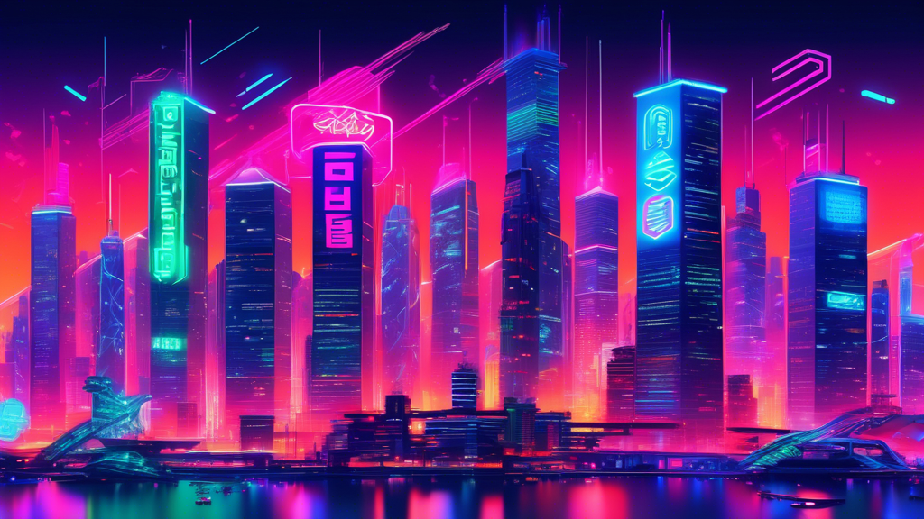 A vibrant digital art piece showcasing a futuristic city where various skyscrapers are labeled with the logos of the top fastest-growing blockchains of the year, all under a neon-infused sky.