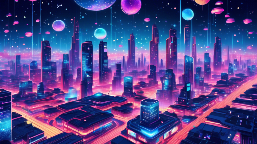 A futuristic cyber city with ten glowing holographic billboards, each displaying a unique benefit of choosing the Sei Network, under a starry night sky.