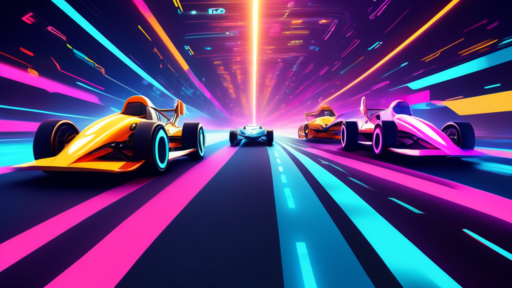 Visualize a dynamic race among digital blockchains as animated, futuristic race cars speeding on a track towards a glowing finish line, symbolizing the top fastest-growing blockchains of the year, with cheering spectators made of various cryptocurrency symbols and digital elements.
