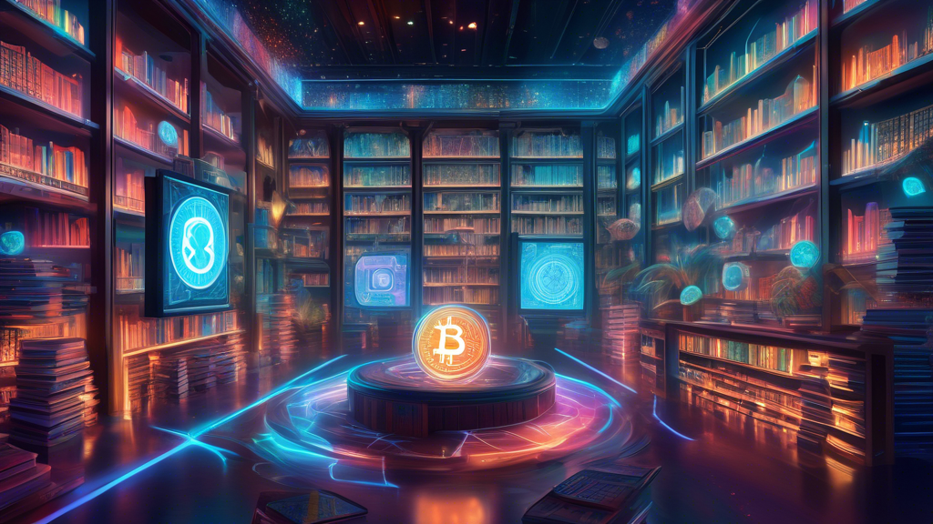An intricate digital painting representation of a futuristic library filled with holographic books and screens displaying various cryptocurrencies symbols like Bitcoin, Ethereum, and Ripple, symbiotically combining traditional knowledge with the cutting-edge technology of blockchain. The atmosphere is illuminated with soft, glowing, ethereal lights.