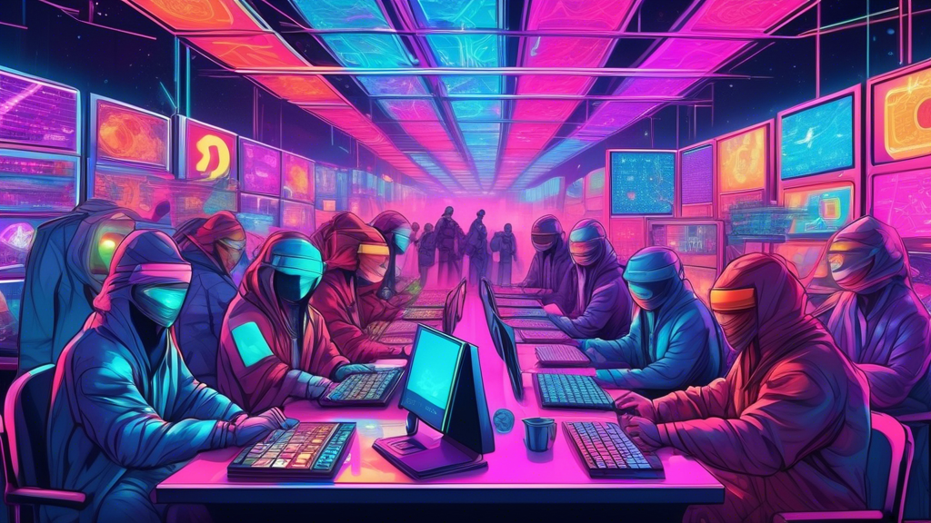 An illustrative digital artwork of futuristic digital traders and crypto enthusiasts browsing a colorful, holographic decentralized exchange platform in a high-tech cyber marketplace.