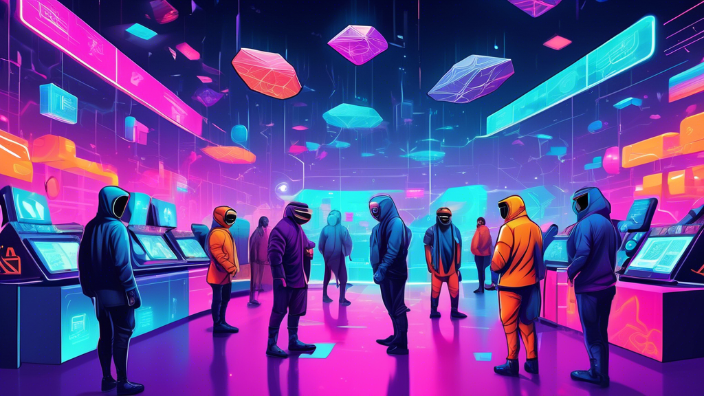 An illustrated concept of a futuristic digital marketplace representing a decentralized exchange (DEX), with diverse people trading cryptocurrencies using advanced virtual reality interfaces, set in a