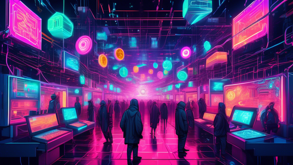An intricate digital artwork of a futuristic, high-tech marketplace floating in cyberspace, with neon glowing symbols of various cryptocurrencies exchanging seamlessly between abstract, digital representations of people and machines, symbolizing a decentralized exchange.