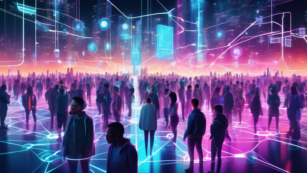 A digital illustration of a futuristic city network with glowing connections and nodes, featuring a central hologram displaying the letters SEI surrounded by people of diverse backgrounds discussing a