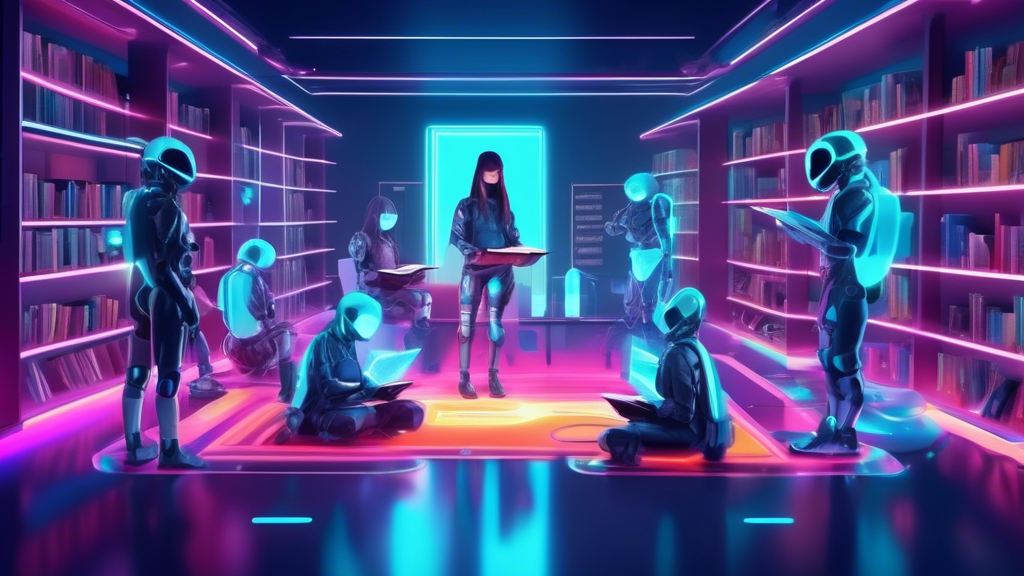 A futuristic digital library containing glowing books and holograms on the topic of Sei Network, with curious students and robots learning together.