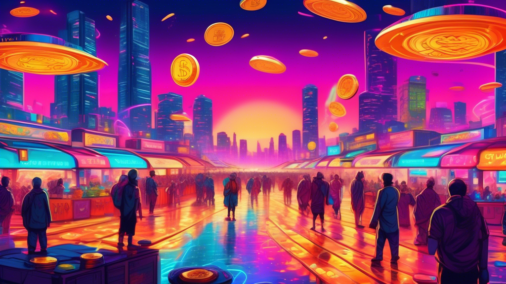 An imaginative and vibrant digital painting of a futuristic marketplace bustling with floating coins and people exchanging virtual currencies under a dazzling neon skyline, symbolizing prosperity and innovation in the world of cryptocurrency.