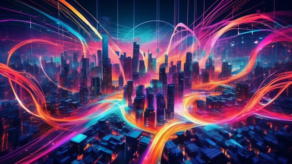 An artistic representation of a vibrant digital network swirling with colorful lines and nodes interconnected over a futuristic cityscape, symbolizing the innovative and interconnected nature of the S