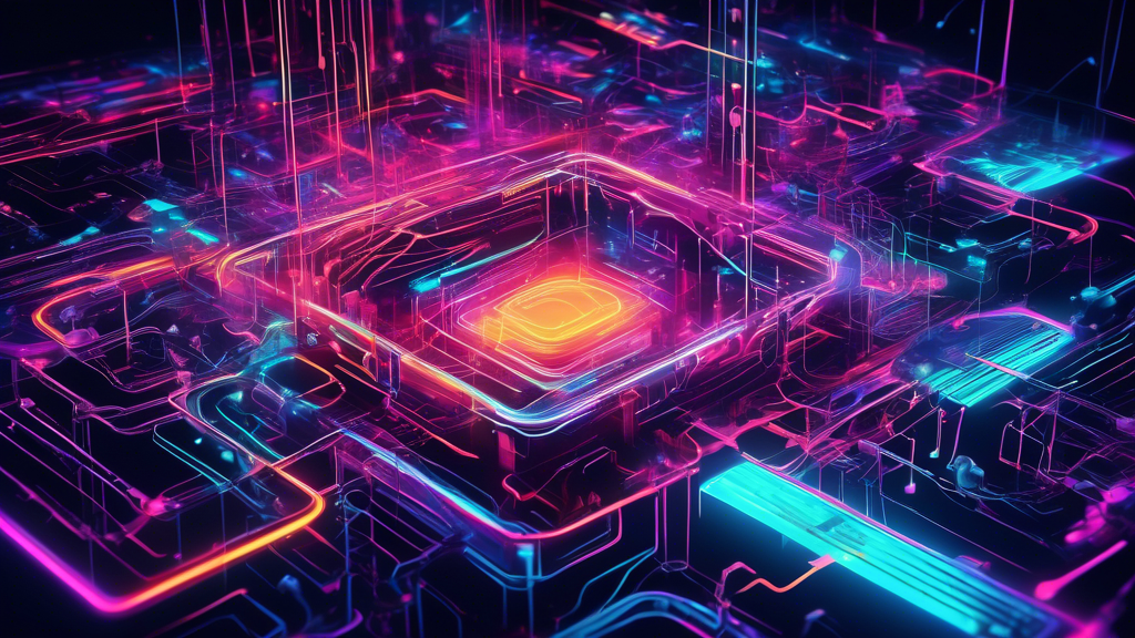 An intricate digital artwork visualizing the concept of the SEI Network, featuring abstract representations of nodes, data streams, and interconnected circuits, with glowing neon lights and a futurist