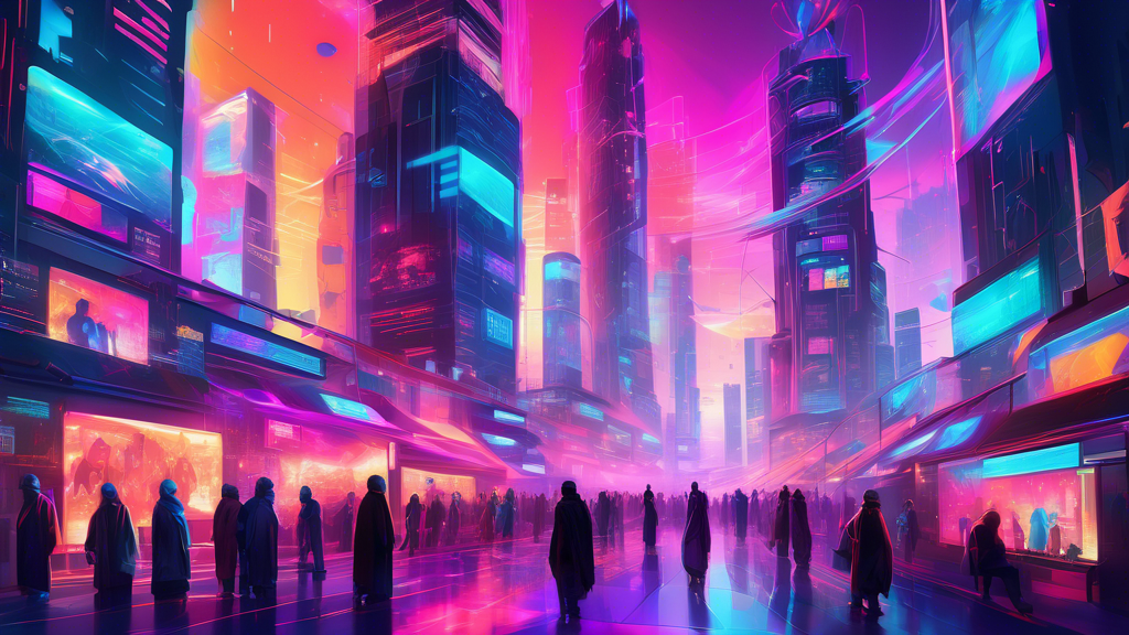 A digital painting depicting a vibrant, futuristic cityscape where diverse groups of people are engaged in trading and showcasing colorful, unique NFTs, with glowing holographic displays and interfaces, set against a backdrop of sleek, high-tech buildings in the SEI Network.