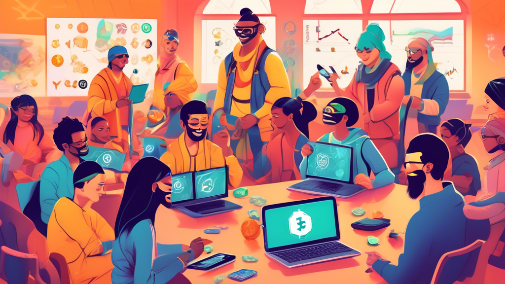 An illustrated guide showing diverse people of various ages and backgrounds joyfully learning about cryptocurrency investments, with visual representations of digital wallets, graphs, and coins, set i