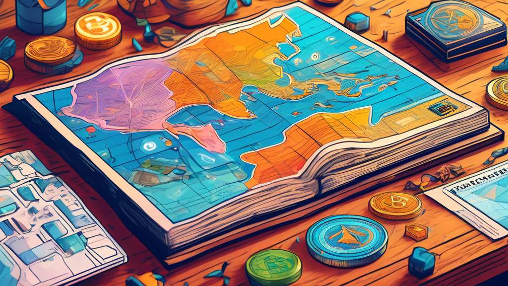 An illustrated guidebook opened on a wooden desk, showing a detailed and colorful map of the cryptocurrency landscape with symbols representing different cryptocurrencies like Bitcoin and Ethereum, ch