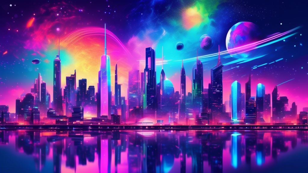 Digital art of a futuristic city skyline adorned with holographic NFT art galleries, displaying vibrant, unique NFT artworks, under a starry night sky, emphasizing the SEI Network theme.