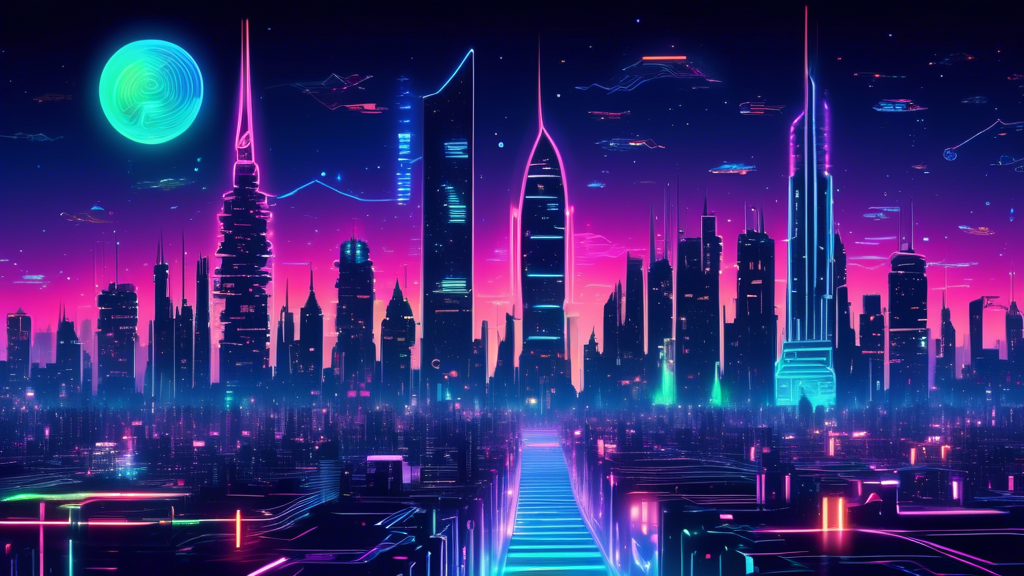 Digital artwork of a futuristic city skyline with towering structures shaped like computer circuit boards, each labeled with the logos of the top fastest growing blockchains, illuminated by neon light