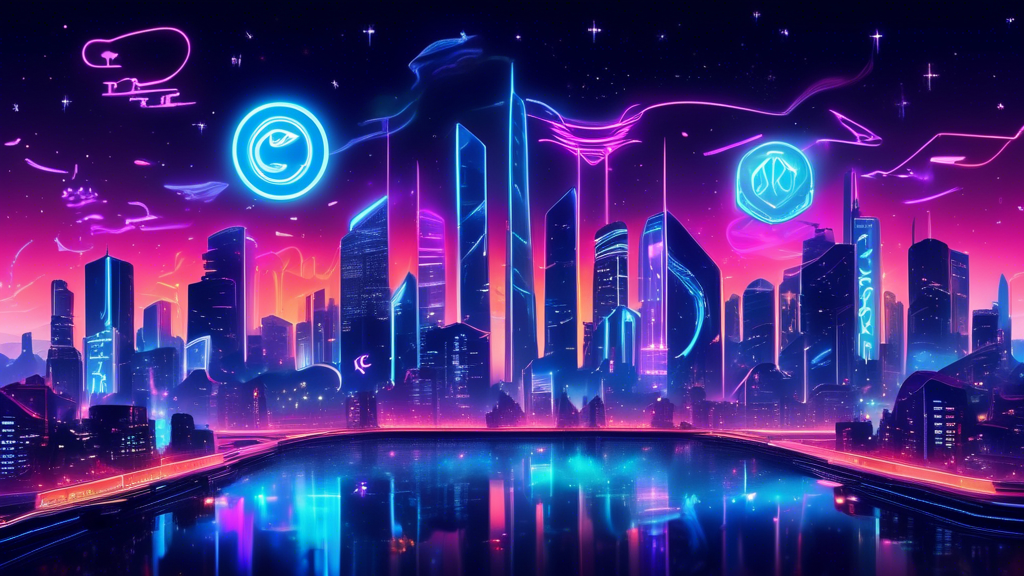 Digital artwork of a futuristic city skyline with glowing neon signs displaying the logos of VeChain and Sei Network, illuminated under a starry night sky.