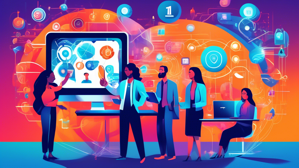 A modern, vibrant illustration showing futuristic technology with diverse, happy professionals collaborating effortlessly on interconnected digital screens