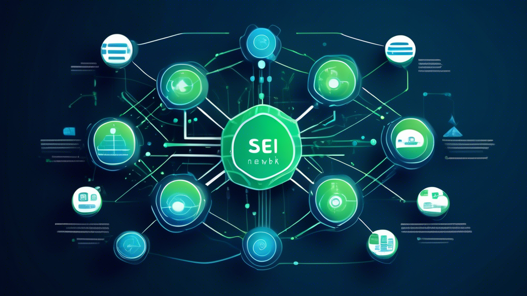 Create an image showing a conceptual representation of a digital network labeled SEI Network. The illustration should include interconnected nodes, servers