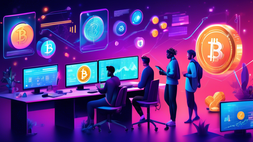 A modern digital illustration of diverse individuals engaging in various cryptocurrency activities. Some are analyzing graphs on multiple computer screens,
