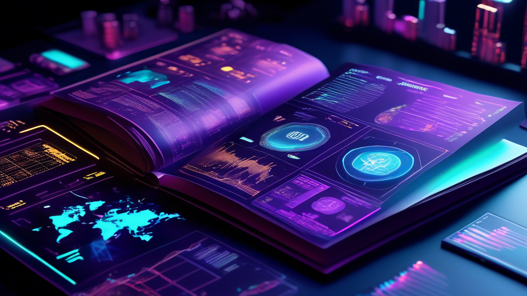 An intricately designed digital guidebook titled The Ultimate Specific Guide on Crypto Trading, opened to pages filled with detailed charts, graphs, and il