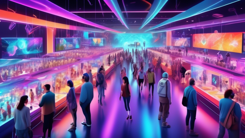 An artist's rendering of a vibrant digital marketplace showcasing diverse and unique SEI Network NFTs, highlighting a futuristic environment with traders,