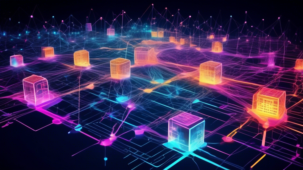 An image depicting dynamic, futuristic digital networks forming a blockchain web. Central feature shows the top fastest growing blockchains of 2023, each r