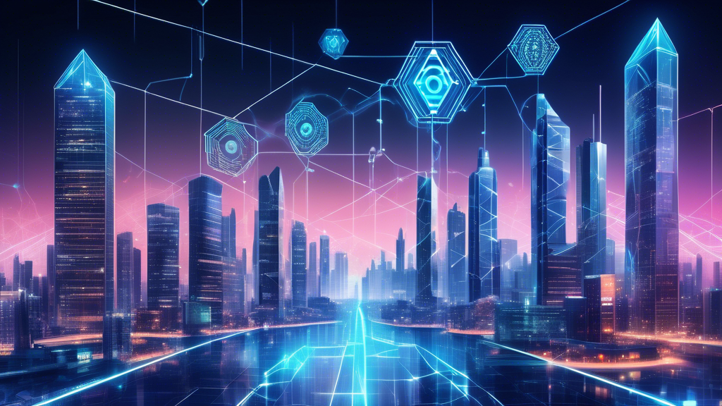 Create an illustration of two distinct blockchain networks represented as futuristic cityscapes. The first cityscape embodies Vechain, showcasing advanced
